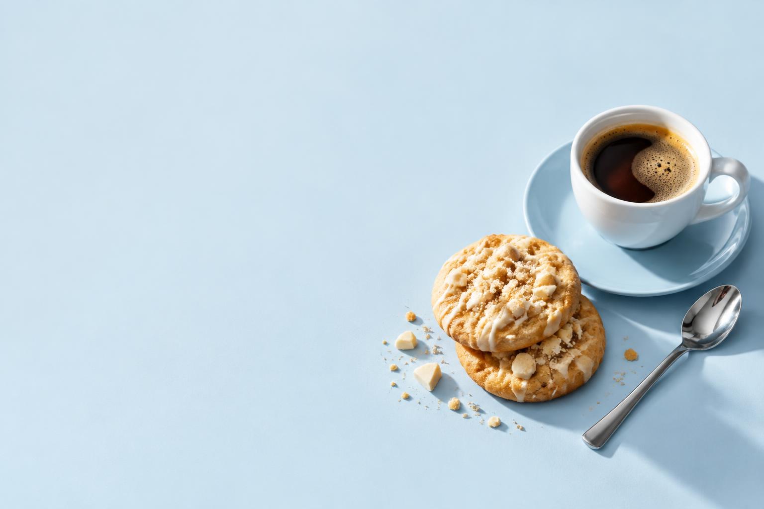 Crunchy golden cookies and a fresh espresso on a blue table
